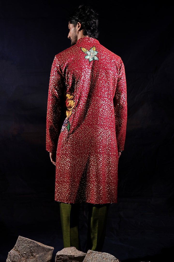 Red Sequin Georgette Floral Patchwork Kurta Set by Jubinav Chadha Men at Pernia's Pop Up Shop