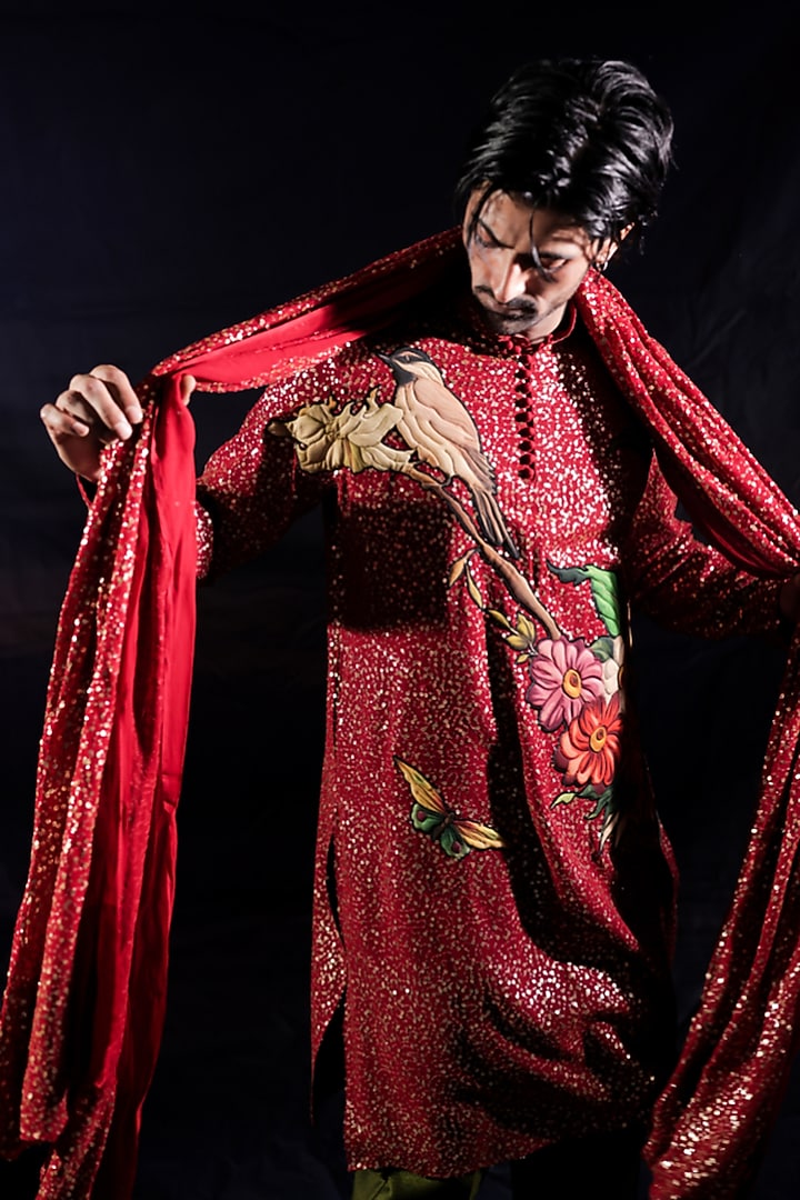 Red Sequin Georgette Floral Patchwork Kurta Set by Jubinav Chadha Men at Pernia's Pop Up Shop