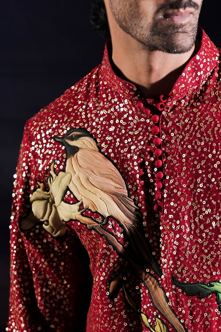 Red Sequin Georgette Floral Patchwork Kurta Set by Jubinav Chadha Men at Pernia's Pop Up Shop