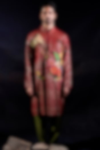 Red Sequin Georgette Floral Patchwork Kurta Set by Jubinav Chadha Men at Pernia's Pop Up Shop