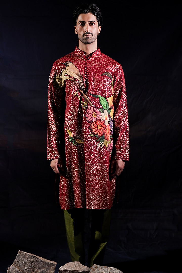 Red Sequin Georgette Floral Patchwork Kurta Set by Jubinav Chadha Men at Pernia's Pop Up Shop