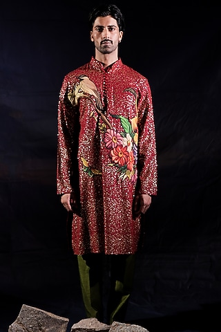 Red Sequin Georgette Floral Patchwork Kurta Set by Jubinav Chadha Men