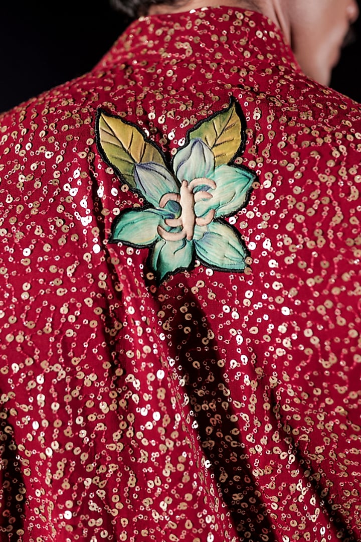 Red Sequin Georgette Floral Patchwork Kurta Set by Jubinav Chadha Men at Pernia's Pop Up Shop