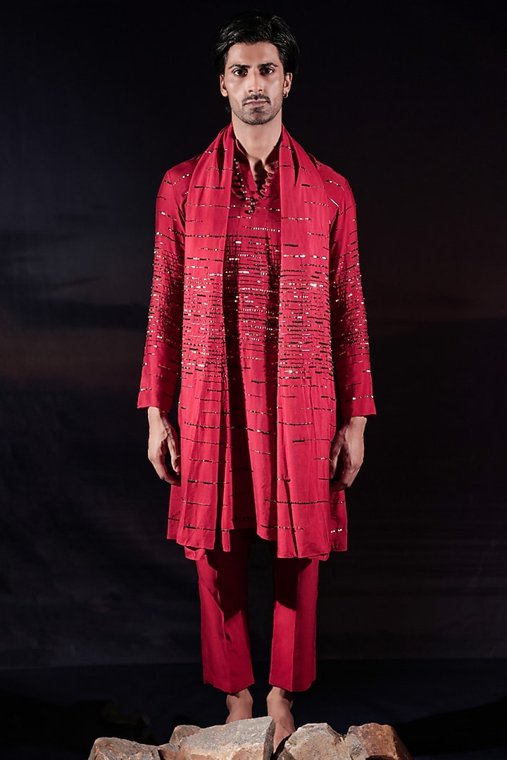 Red Silk Staple Sequins Hand Embroidered Kurta Set by Jubinav Chadha Men at Pernia's Pop Up Shop