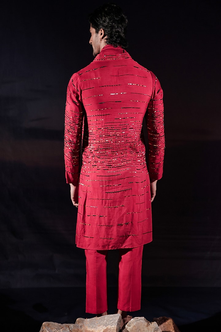 Red Silk Staple Sequins Hand Embroidered Kurta Set by Jubinav Chadha Men at Pernia's Pop Up Shop