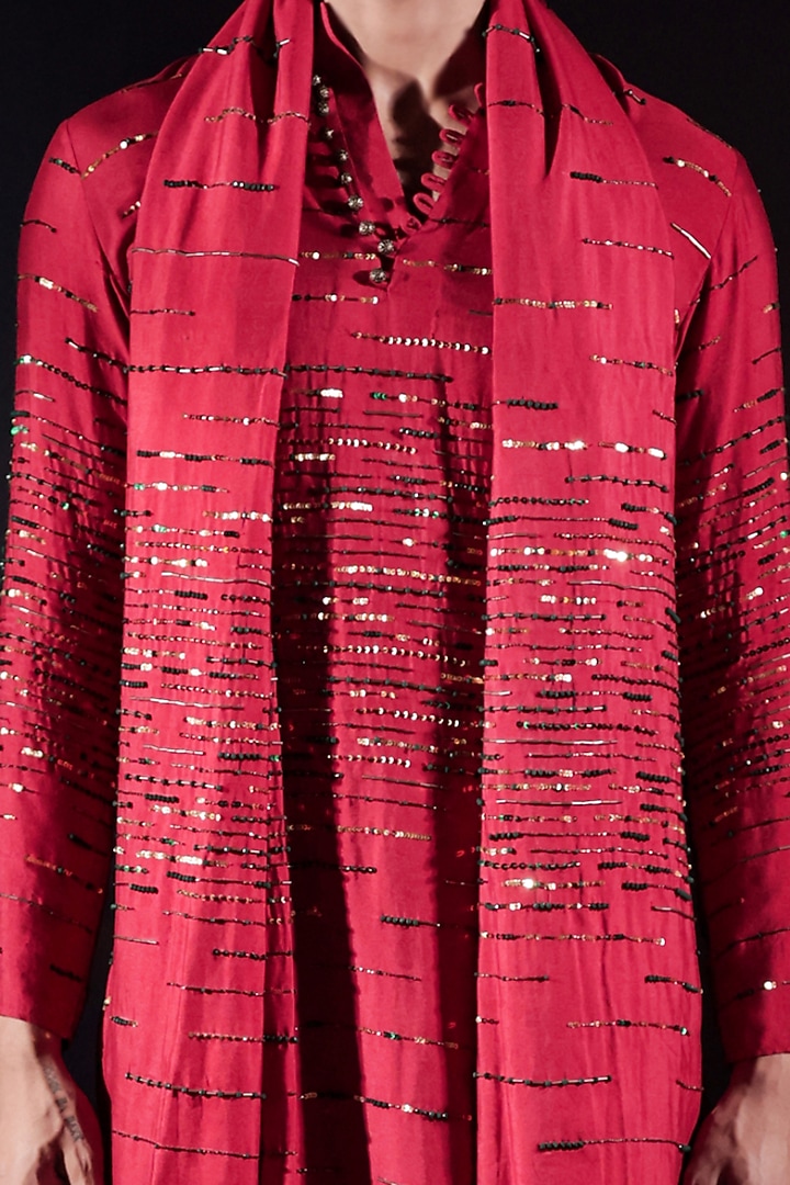 Red Silk Staple Sequins Hand Embroidered Kurta Set by Jubinav Chadha Men at Pernia's Pop Up Shop