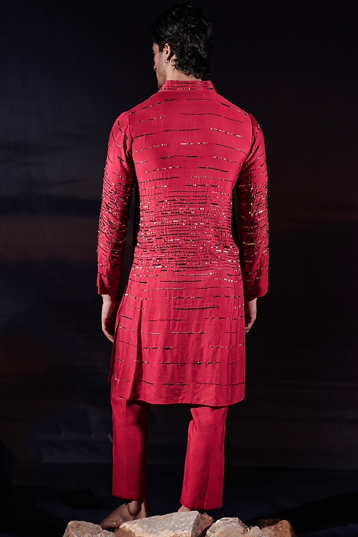 Red Silk Staple Sequins Hand Embroidered Kurta Set by Jubinav Chadha Men at Pernia's Pop Up Shop