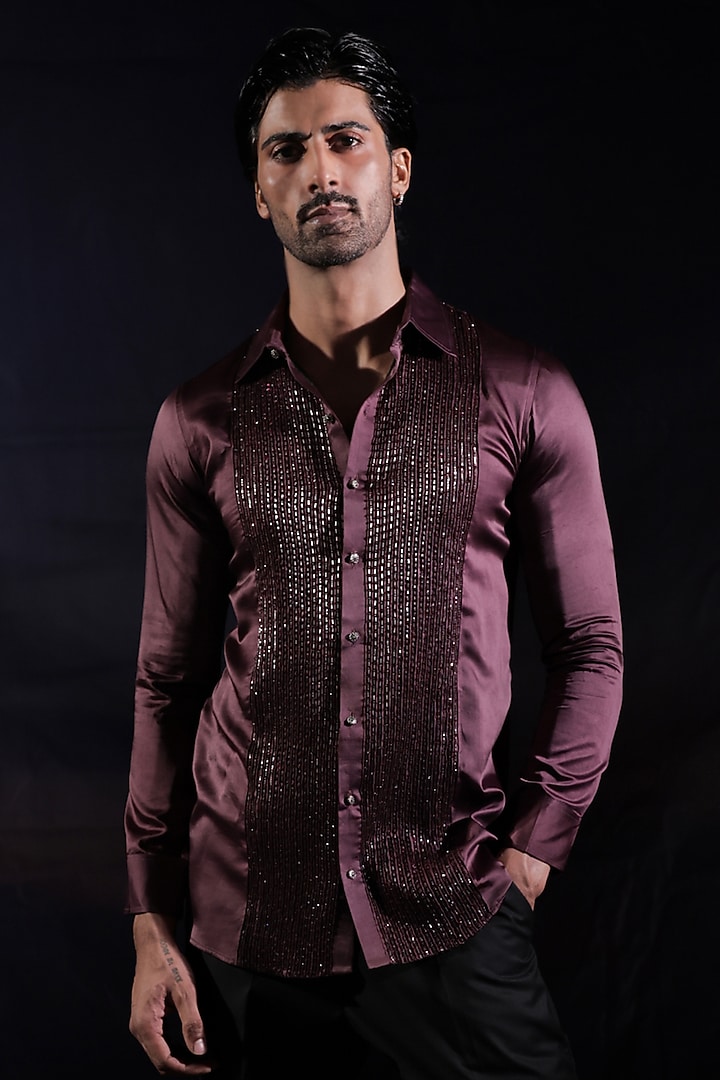 Deep Purple Satin Sequins Pintuck Hand Embroidered Wedding Shirt by Jubinav Chadha Men at Pernia's Pop Up Shop