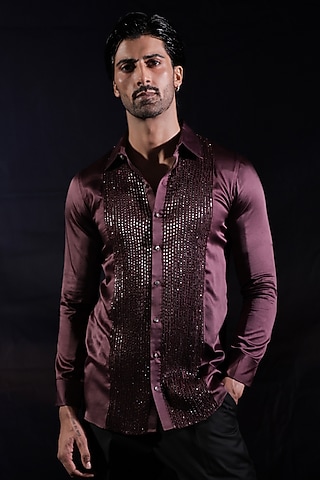 Deep Purple Satin Sequins Pintuck Hand Embroidered Shirt by Jubinav Chadha Men
