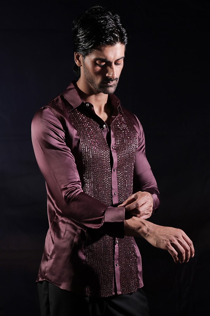 Deep Purple Satin Sequins Pintuck Hand Embroidered Wedding Shirt by Jubinav Chadha Men at Pernia's Pop Up Shop