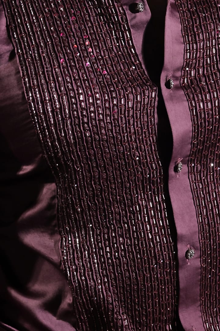 Deep Purple Satin Sequins Pintuck Hand Embroidered Wedding Shirt by Jubinav Chadha Men at Pernia's Pop Up Shop