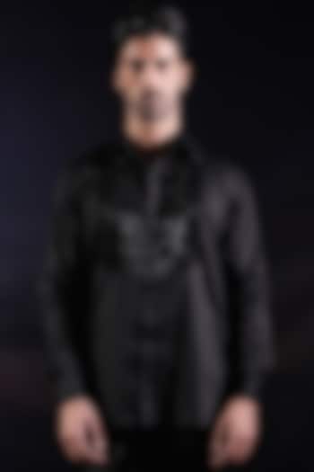 Black Satin Sequins Pintuck Hand Embroidered Wedding Shirt by Jubinav Chadha Men at Pernia's Pop Up Shop