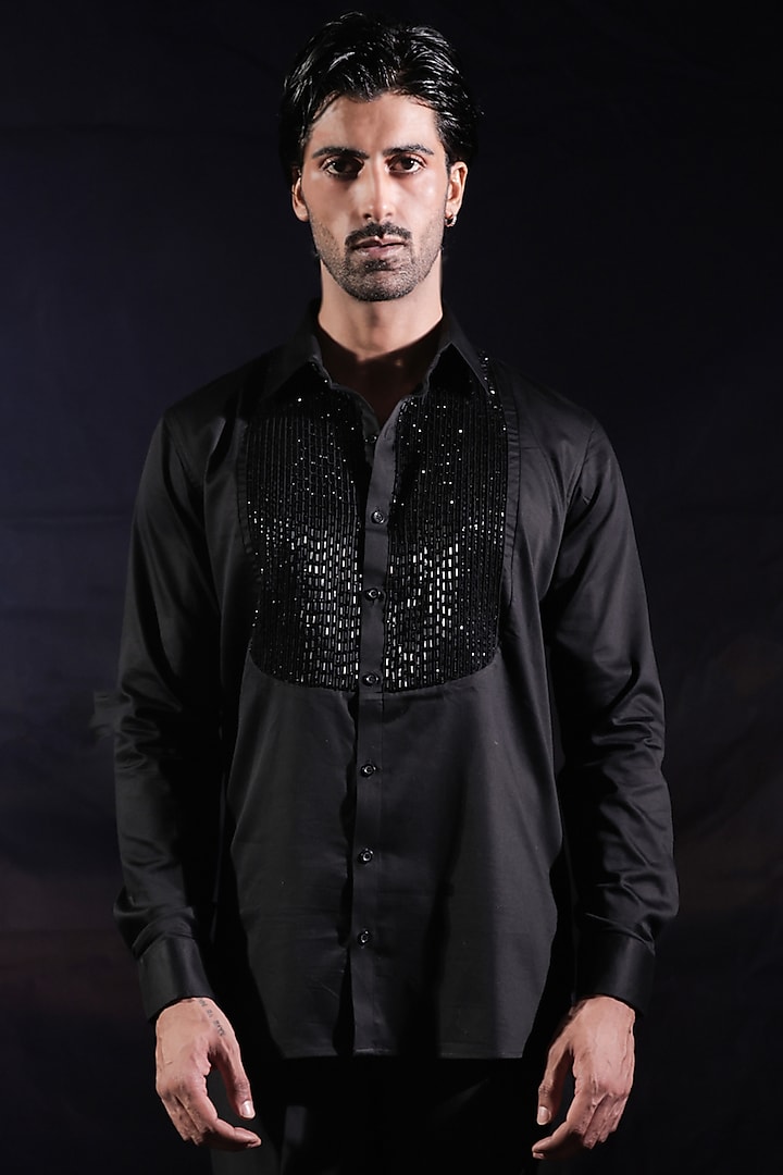Black Satin Sequins Pintuck Hand Embroidered Wedding Shirt by Jubinav Chadha Men at Pernia's Pop Up Shop