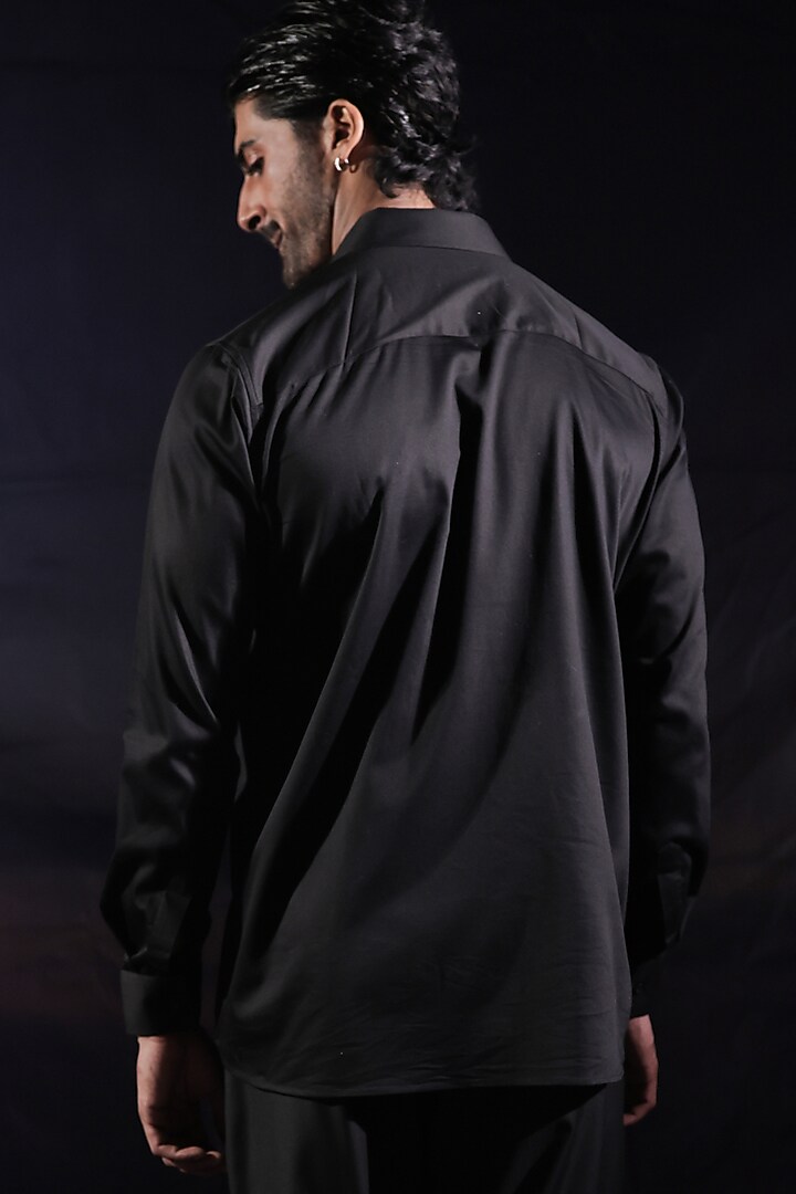 Black Satin Sequins Pintuck Hand Embroidered Wedding Shirt by Jubinav Chadha Men at Pernia's Pop Up Shop