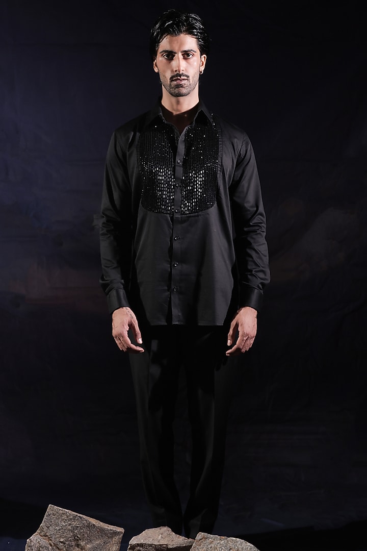 Black Satin Sequins Pintuck Hand Embroidered Wedding Shirt by Jubinav Chadha Men at Pernia's Pop Up Shop
