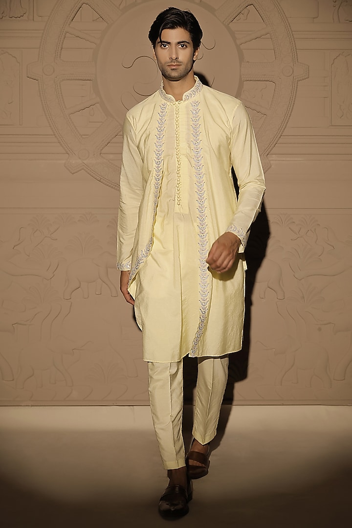 Yellow Cotton Silk Embroidered Layered Kurta Set by Jubinav Chadha Men