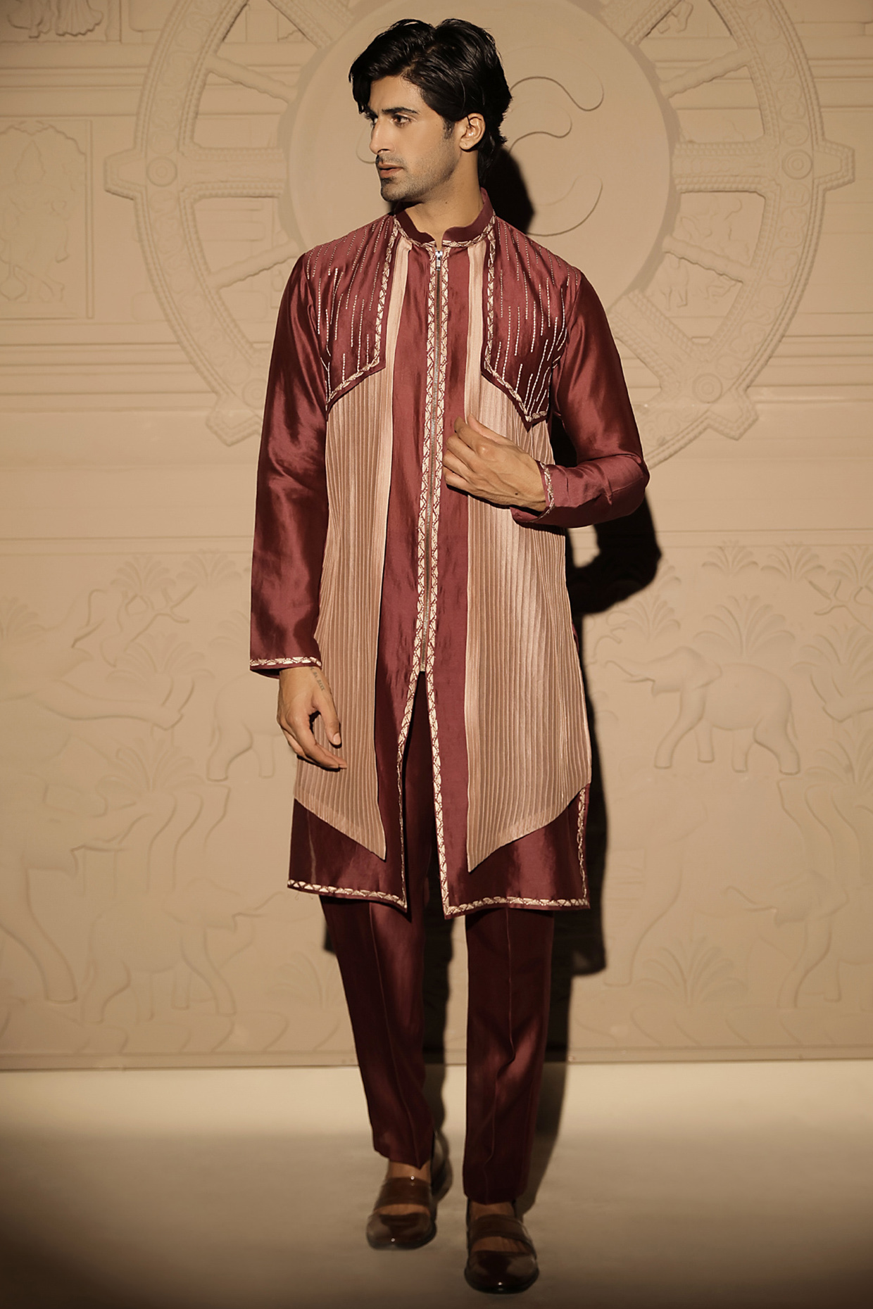Wine Chanderi Embroidered Layered Kurta Set by Jubinav Chadha Men at Pernia's Pop Up Shop