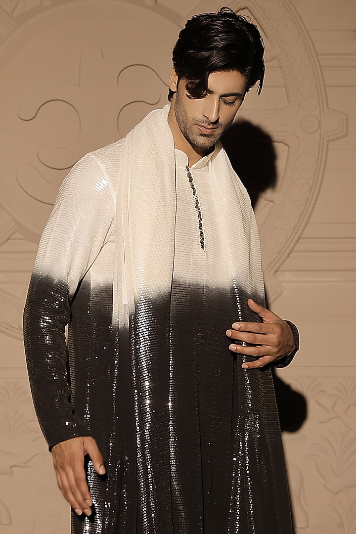 White Sequins Georgette Ombre Kurta Set by Jubinav Chadha Men at Pernia's Pop Up Shop