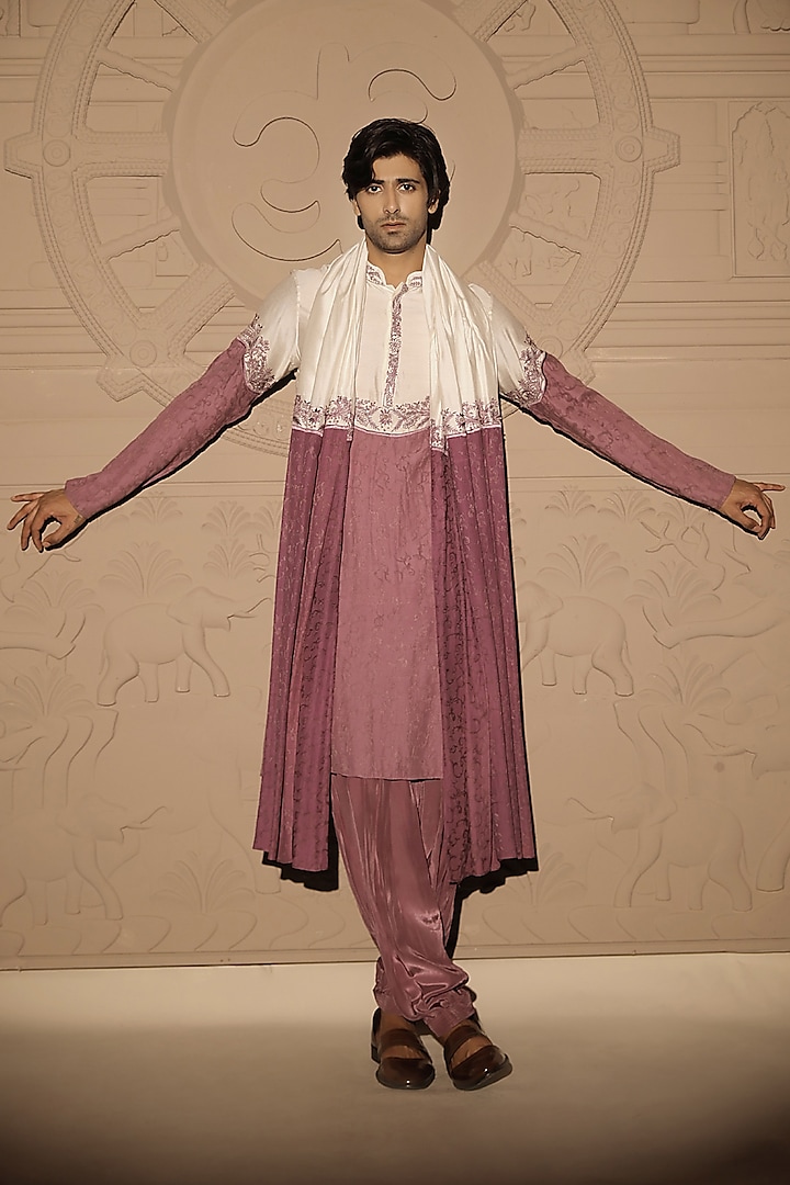 Lavender Jacquard Hand Embroidered Kurta Set by Jubinav Chadha Men