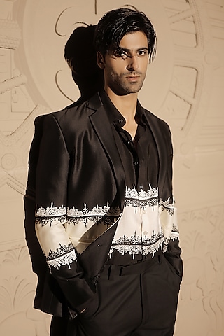 Black Chanderi Embroidered Blazer by Jubinav Chadha Men