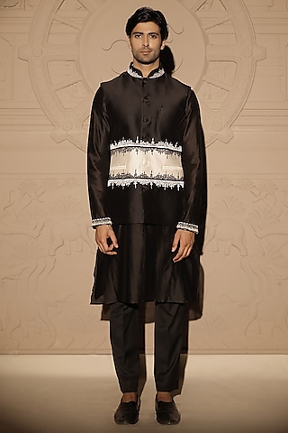 Black Chanderi Embroidered Nehru Jacket With Kurta Set by Jubinav Chadha Men