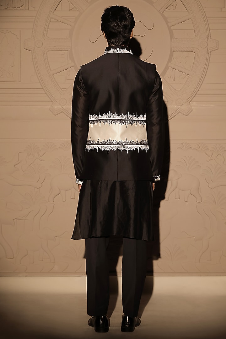 Black Chanderi Embroidered Nehru Jacket With Kurta Set by Jubinav Chadha Men at Pernia's Pop Up Shop