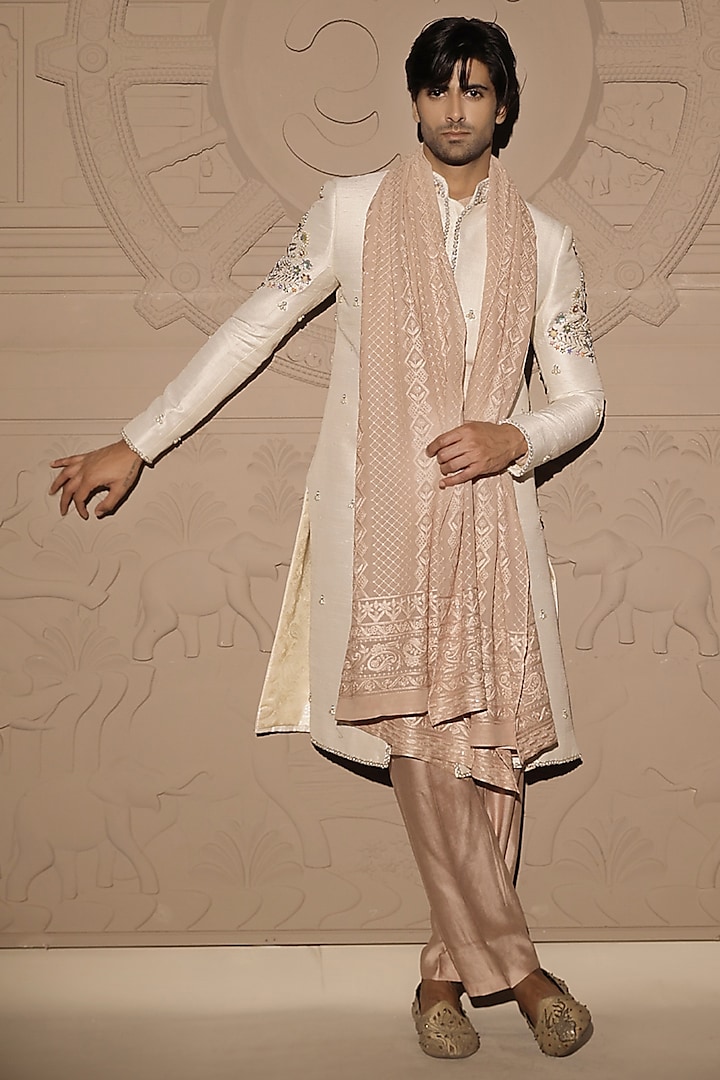 Ivory Raw Silk & Georgette Embroidered Sherwani Set by Jubinav Chadha Men