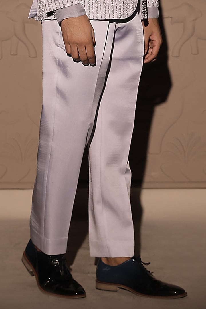 Periwinkle Satin Embroidered Blazer Set by Jubinav Chadha Men at Pernia's Pop Up Shop