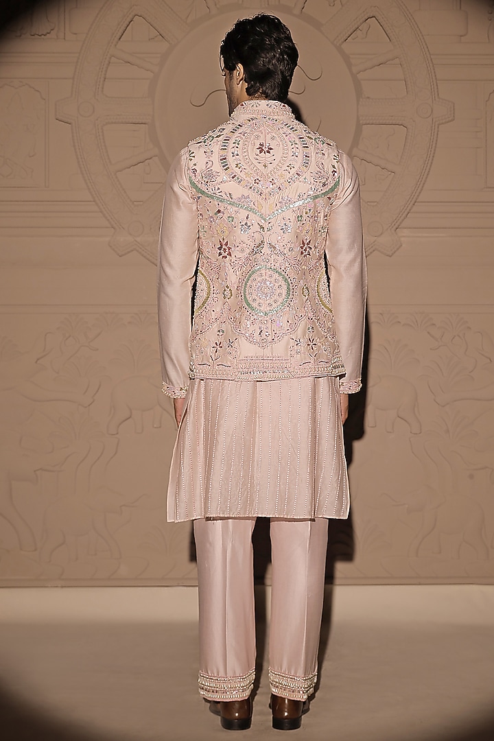Pink Silk Chanderi Embroidered Nehru Jacket With Kurta Set by Jubinav Chadha Men at Pernia's Pop Up Shop