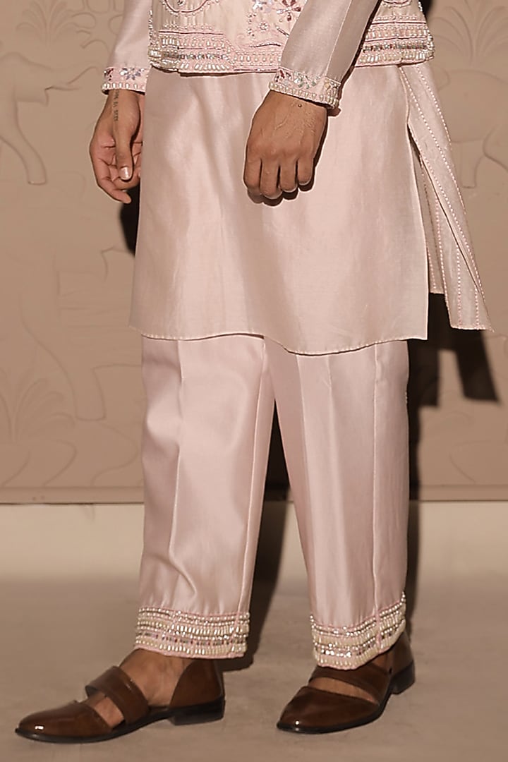 Pink Silk Chanderi Embroidered Nehru Jacket With Kurta Set by Jubinav Chadha Men at Pernia's Pop Up Shop