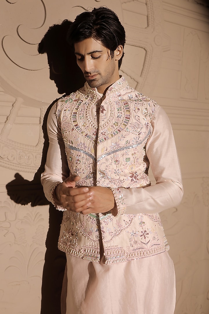 Pink Silk Chanderi Embroidered Nehru Jacket With Kurta Set by Jubinav Chadha Men at Pernia's Pop Up Shop
