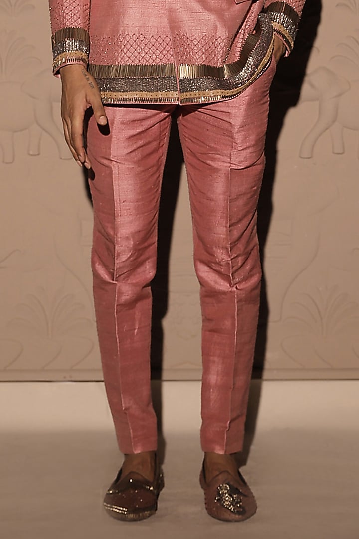 Salmon Pink Raw Silk Embroidered Blazer Set by Jubinav Chadha Men at Pernia's Pop Up Shop