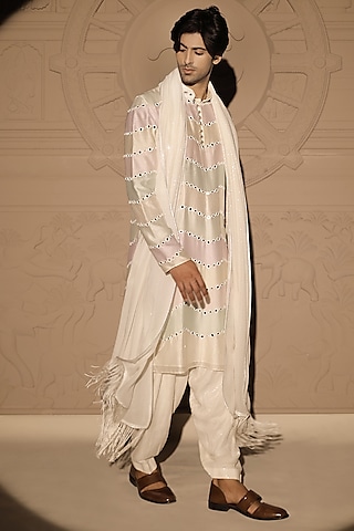 Ivory Chanderi Embroidered Kurta Set by Jubinav Chadha Men