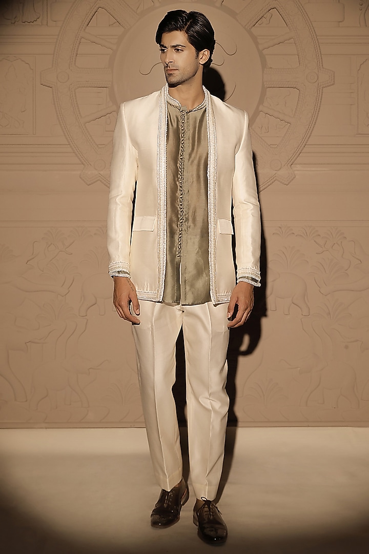 White Chanderi Embroidered Jacket Set by Jubinav Chadha Men