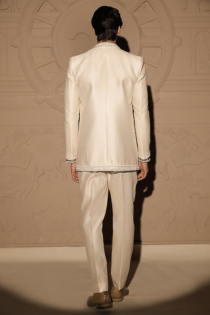White Chanderi Embroidered Jacket Set by Jubinav Chadha Men at Pernia's Pop Up Shop