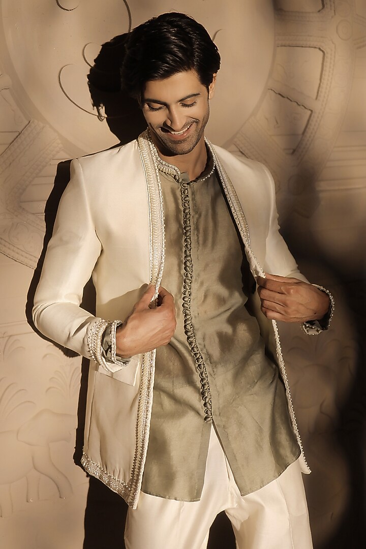 White Chanderi Embroidered Jacket Set by Jubinav Chadha Men at Pernia's Pop Up Shop