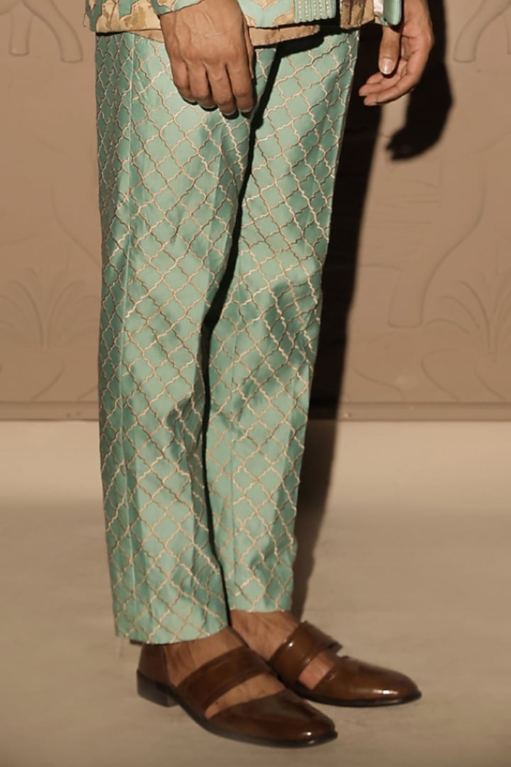 Sea Green Chanderi Embroidered Blazer Set by Jubinav Chadha Men at Pernia's Pop Up Shop