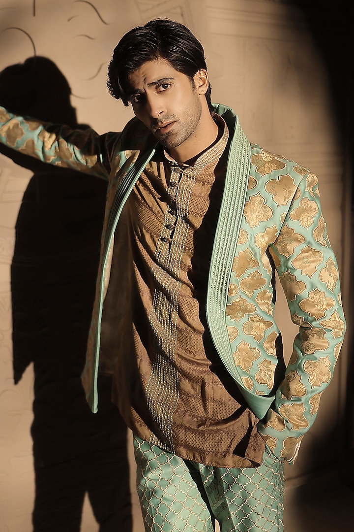 Sea Green Chanderi Embroidered Blazer Set by Jubinav Chadha Men at Pernia's Pop Up Shop