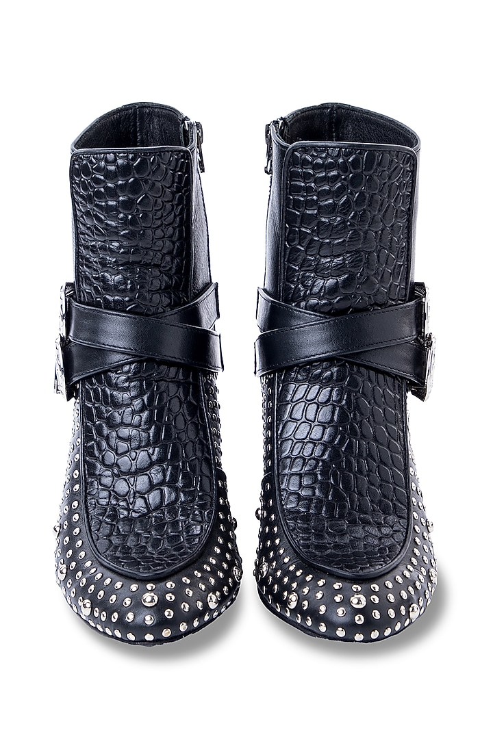 Black Chrome Leather Heels by JUFT at Pernia's Pop Up Shop