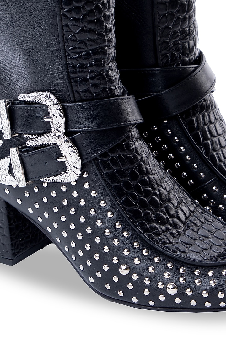 Black Chrome Leather Heels by JUFT at Pernia's Pop Up Shop