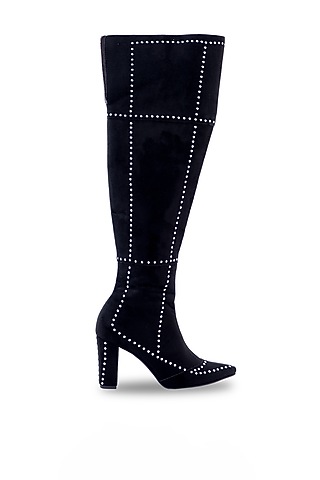 Black Leather Suede Thigh-High Heels by JUFT
