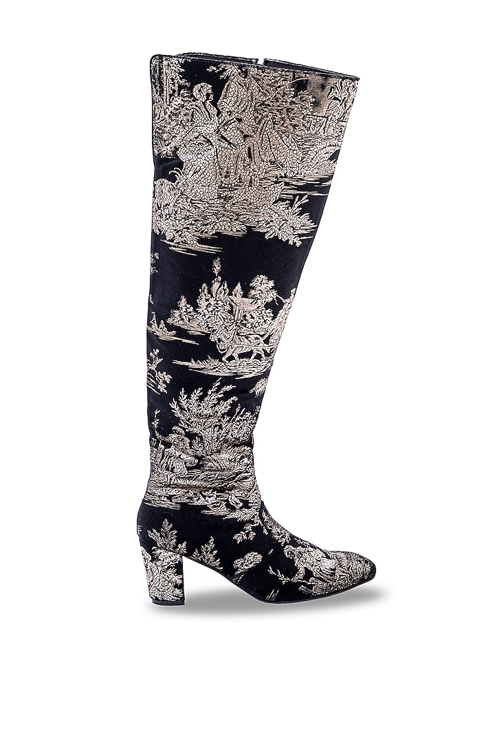 Black Printed Velvet Thigh-High Heels by JUFT