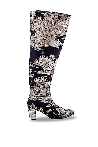 Black Printed Velvet Thigh-High Heels by JUFT