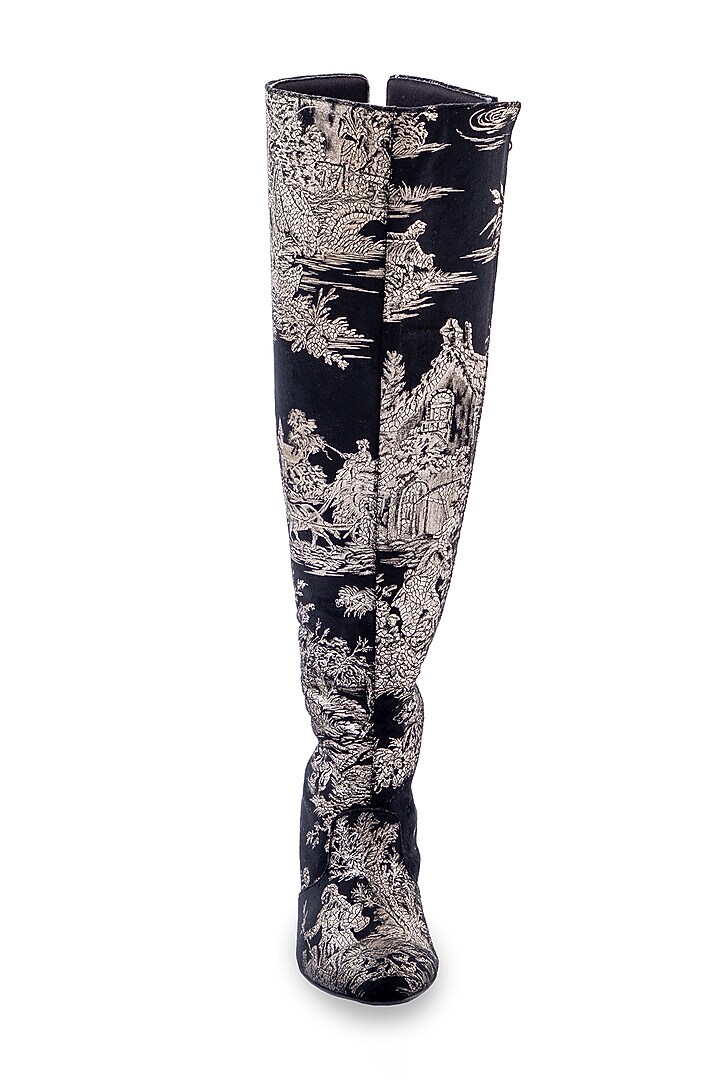 Black Printed Velvet Thigh-High Heels by JUFT at Pernia's Pop Up Shop