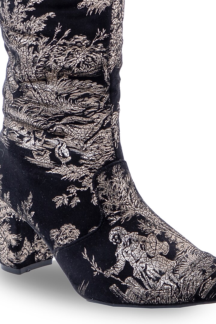 Black Printed Velvet Thigh-High Heels by JUFT at Pernia's Pop Up Shop