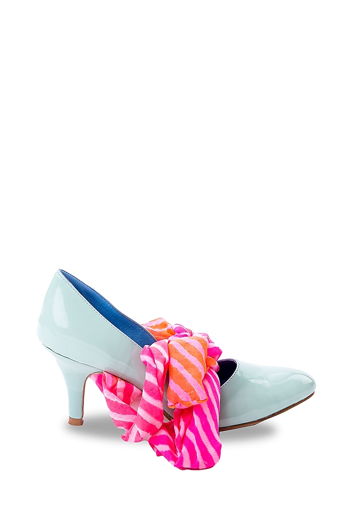 Blue & Pink Faux Leather Heels With Tie-Up
 by JUFT