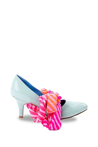 Blue & Pink Faux Leather Heels With Tie-Up
 by JUFT