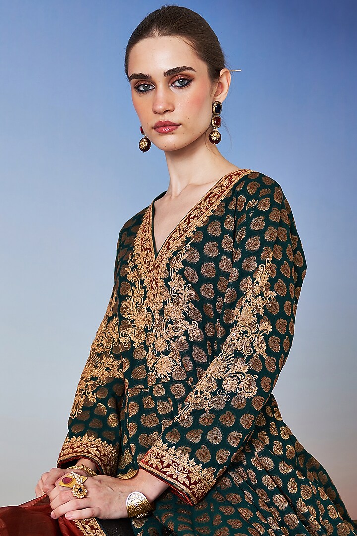 Green banarasi Georgette Zardosi Embroidered Wedding Anarkali Set by JUGGNI at Pernia's Pop Up Shop