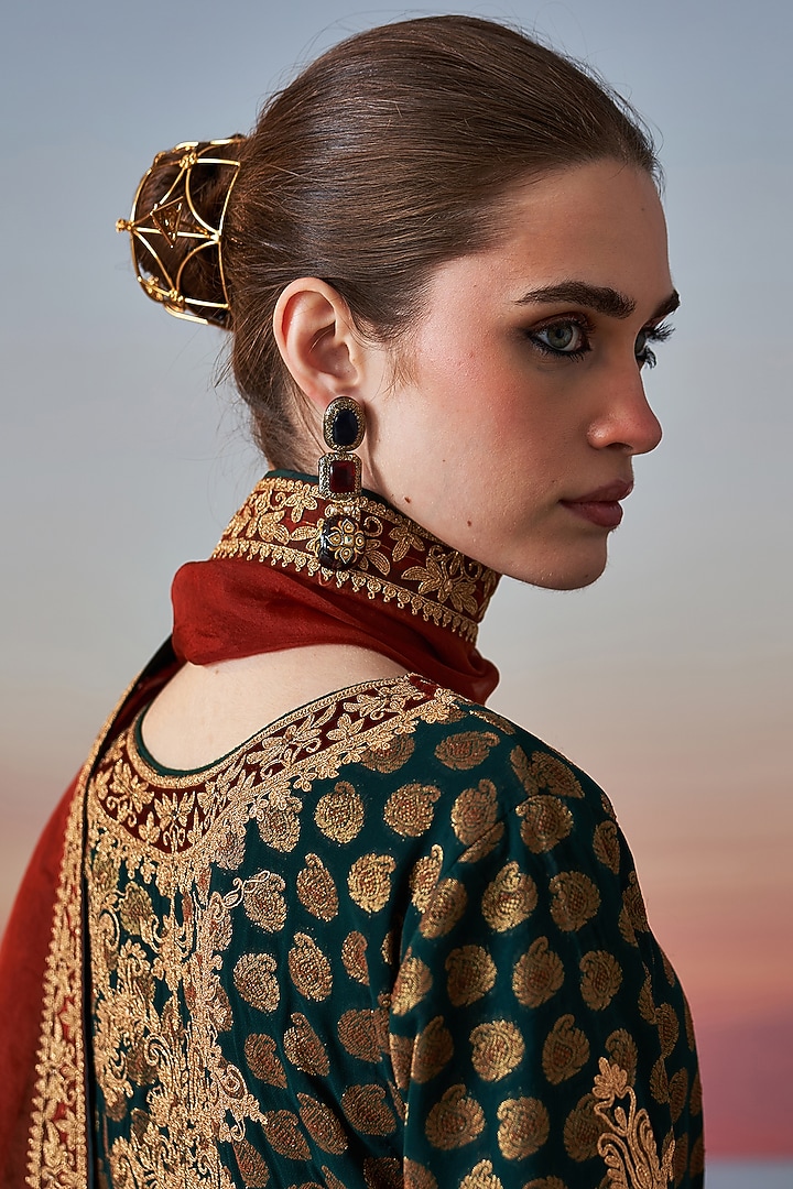 Green banarasi Georgette Zardosi Embroidered Wedding Anarkali Set by JUGGNI at Pernia's Pop Up Shop