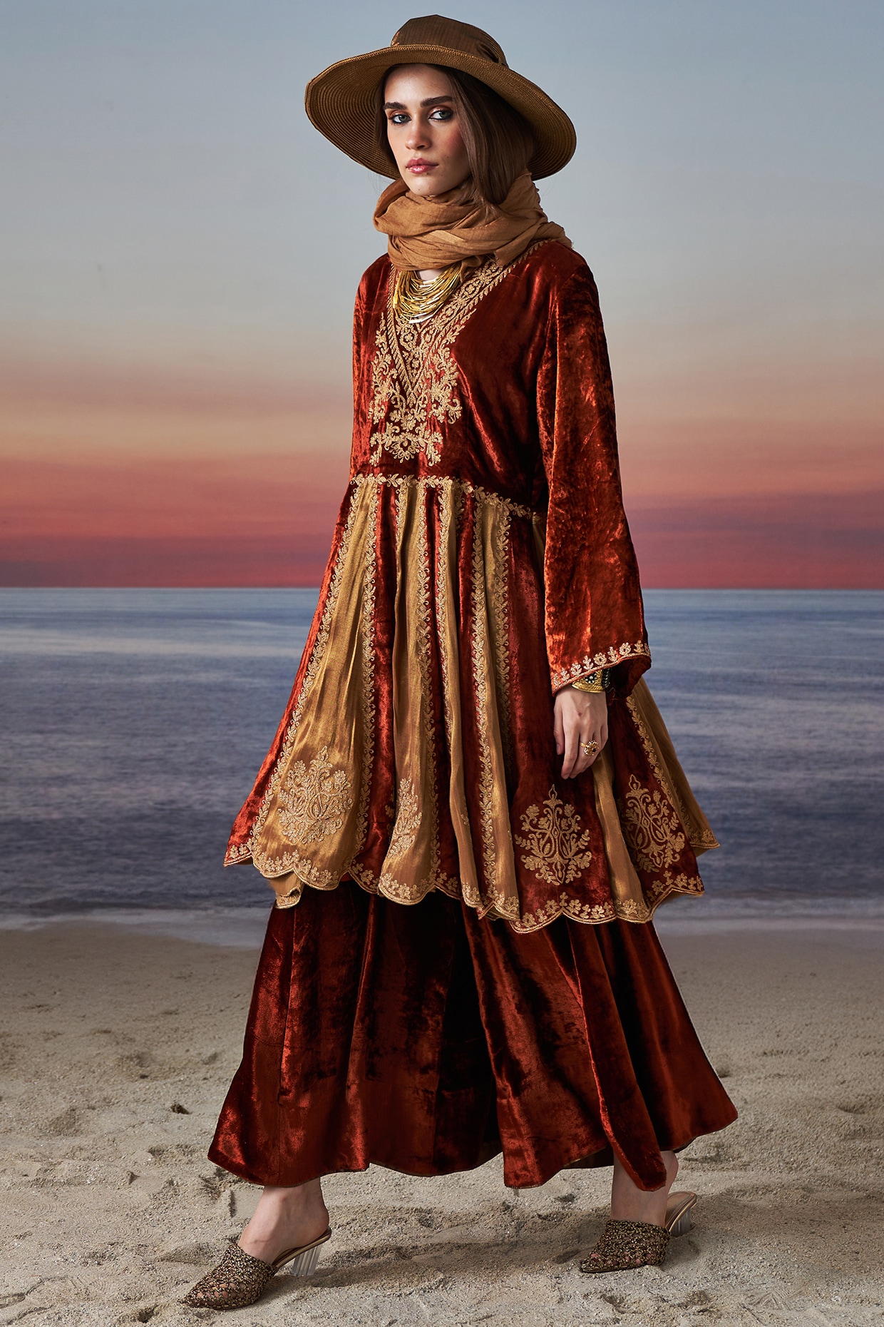 Rust & Gold Tissue Zari Embroidered Anarkali Set by JUGGNI at Pernia's ...